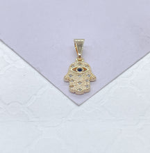 Load image into Gallery viewer, 18k Gold Filled Mini Hamsa Hand Pendant With Dark Royal Blue Eye With Individual Textured CZ Stones
