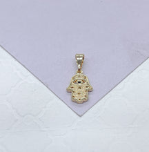 Load image into Gallery viewer, 18k Gold Filled Mini Hamsa Hand Pendant With Dark Royal Blue Eye With Individual Textured CZ Stones
