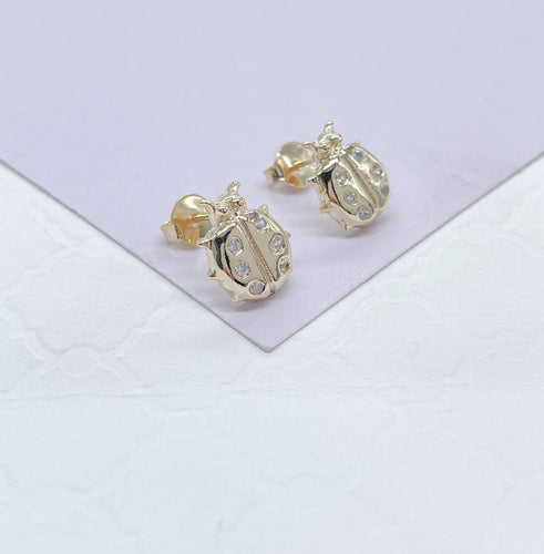 18k Gold Filled Plain XL Lady Bug Stud Earring With CZ Patterned Studs