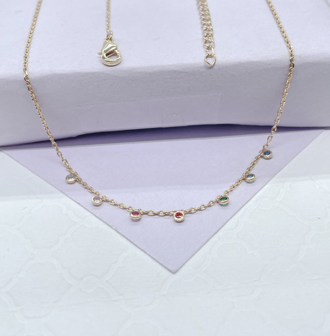 18k Gold Filled Dainty Cable Link Choker With Soldered Colorful Stone Charms Choker