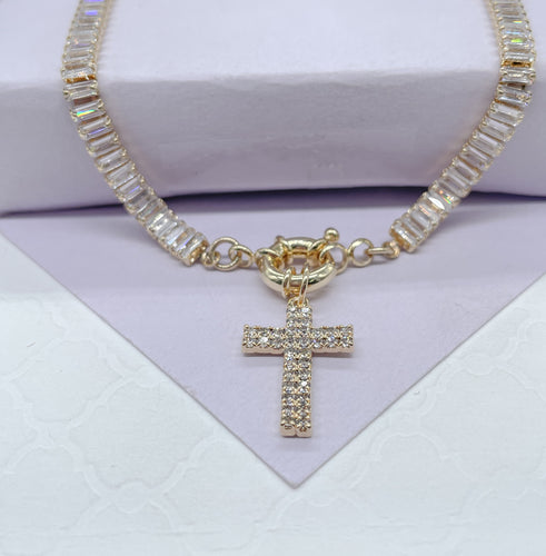 18k Gold Filled Half Baguette Tennis Choker With Carabiner Clasp and CZ Pave Cross