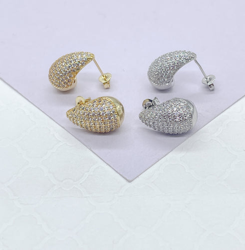 18k Gold Filled Chunky Tear Drop Earring Covered in Pave CZ Stones, Available in 2 sizes