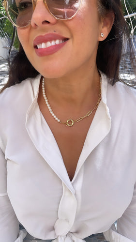 18k Gold-Filled Custom-Made Paper Clip and Beaded Pearl Chain Choker, Statement Piece, Pearl Choker, Paperclip Choker, Gifts for her