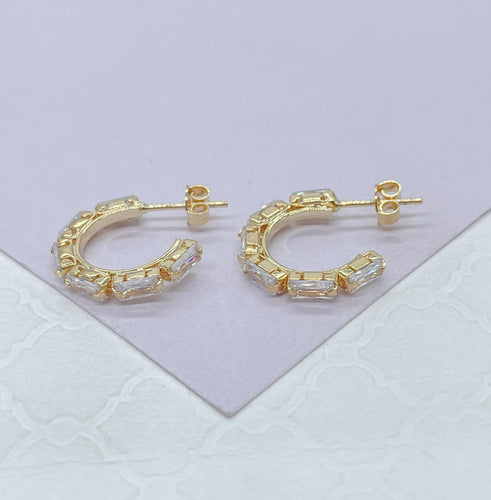 18k Gold Filled Baguette Stone-Patterned C-Hoop Earrings, Gifts For Her, Nightlife Jewlery, Birthday Hoops,
