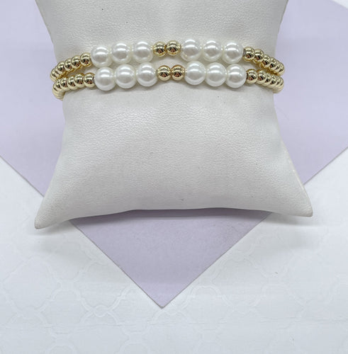 18k Gold Filled 4mm Elastic Beaded Bracelet Patterned with Pearl Beads
