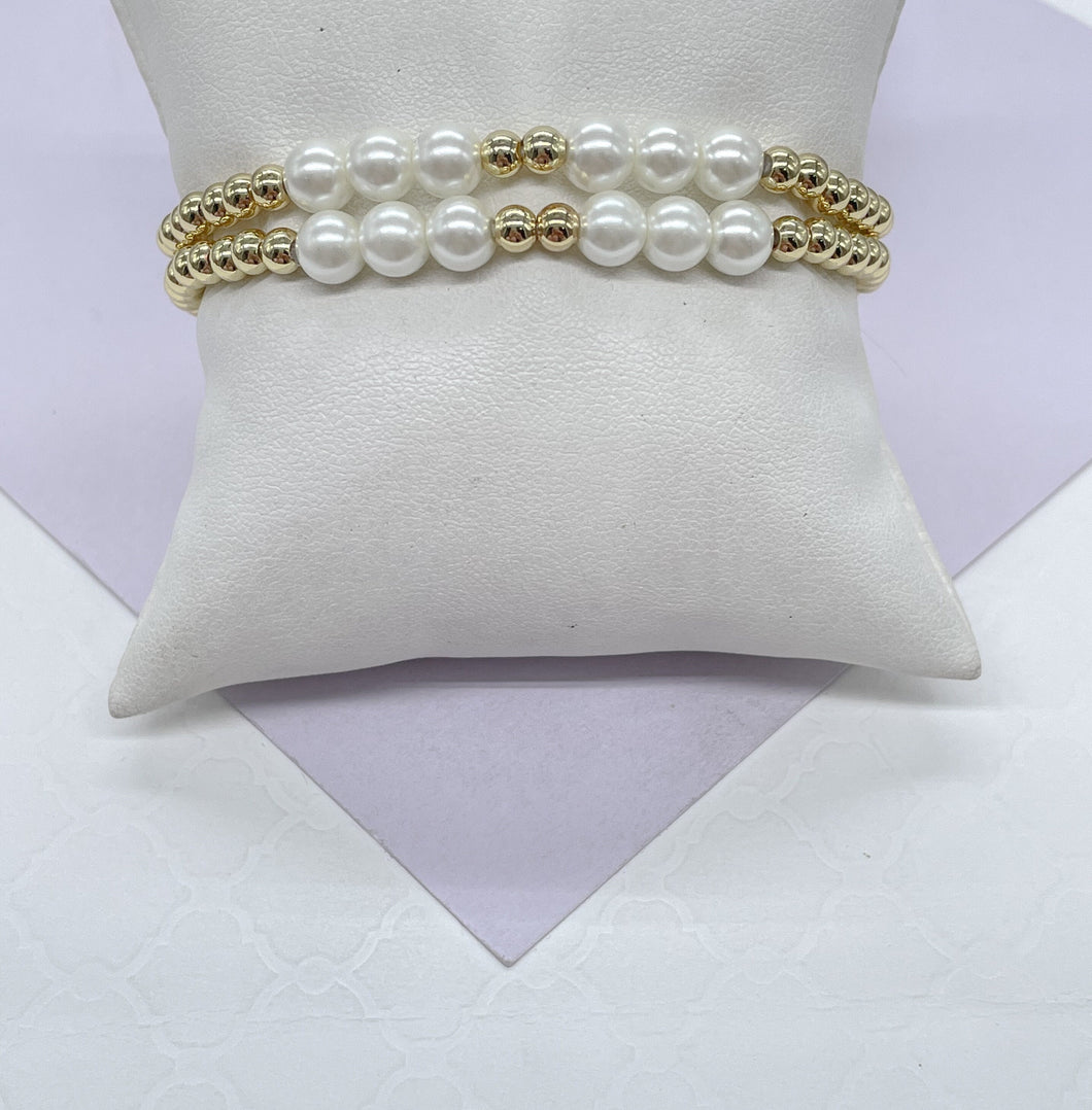 18k Gold Filled 4mm Elastic Beaded Bracelet Patterned with Pearl Beads