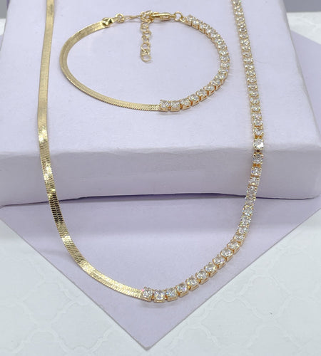 18k Gold Filled Simple Thin 3mm Half Herringbone and Tennis Chain Choker Set, Birthday Gift, Gifts For her, Dainty Set, Dainty Chokers