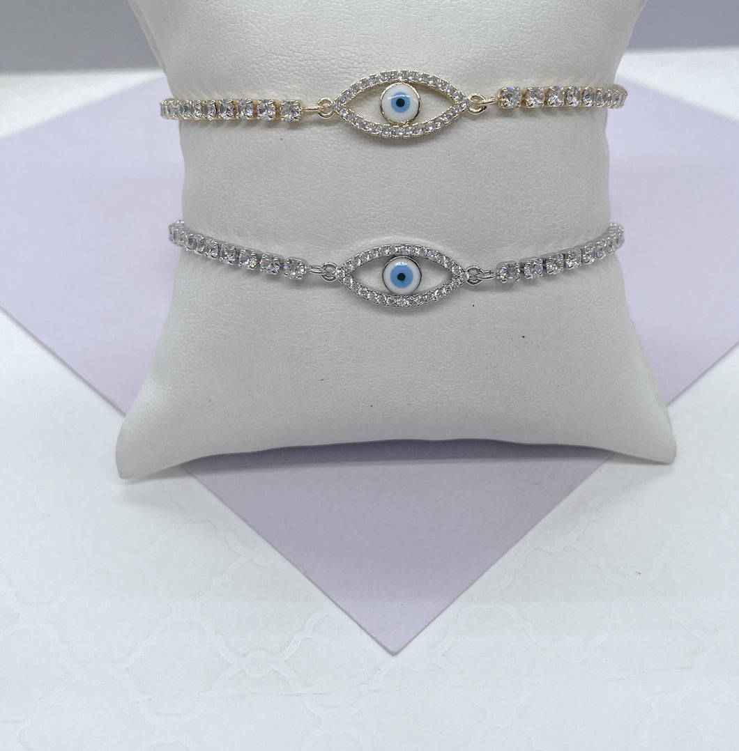 18k Gold Filled Adjustable Tennis Evil Eye Bracelet Featuring Slide Clasp Hypoallergenic Jewelry, Tennis Bracelet, Dainty Evil Eye,