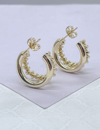 18k Gold Filled Double Link Smooth And Twisted Pushback Open Hoop Earring C-Hoop