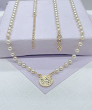 Load image into Gallery viewer, 18k Gold Filled Dainty Pearl Choker with Angle Medallion Center Piece Choker
