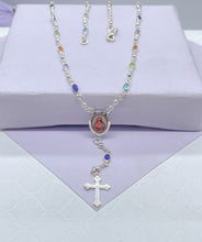 Load image into Gallery viewer, Silver Filled Small oval Colorful Rosary Necklace, Multicolor Fashion Jesus Medal
