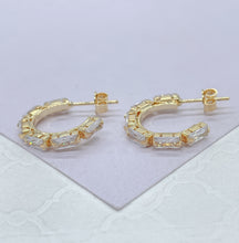 Load image into Gallery viewer, 18k Gold Filled Baguette Stone-Patterned C-Hoop Earrings, Gifts For Her, Nightlife Jewlery, Birthday Hoops,
