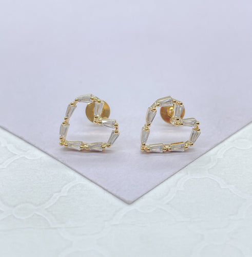 18k Gold Filled Baguette Stone-Patterned Heart Stud Earring, Gifts For Her, Dainty Studs, Birthday Gift