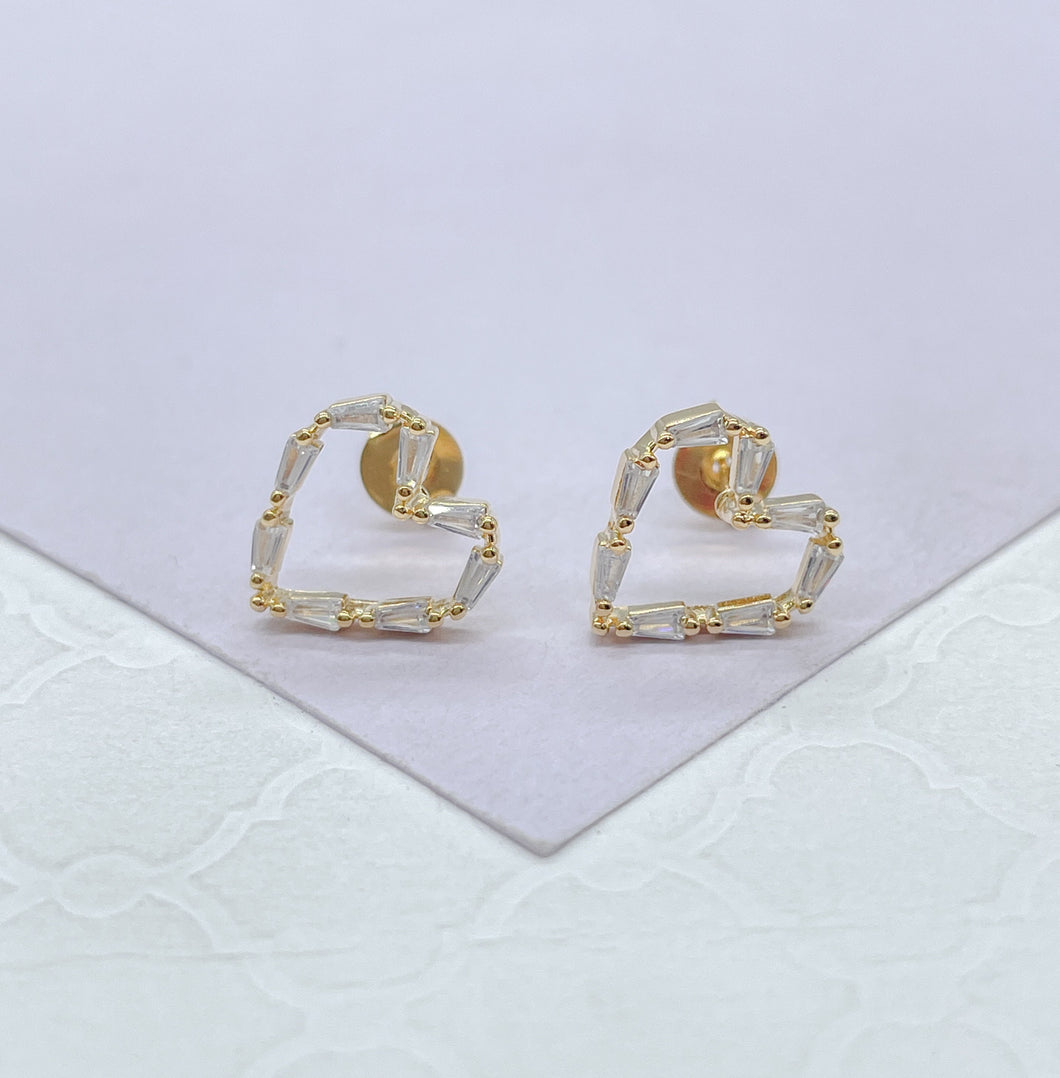 18k Gold Filled Baguette Stone-Patterned Heart Stud Earring, Gifts For Her, Dainty Studs, Birthday Gift