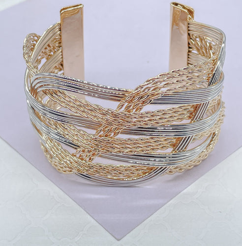 18k Gold Filled Two-Tone XL Thick Multi-Twist Braided Cuff Bracelet