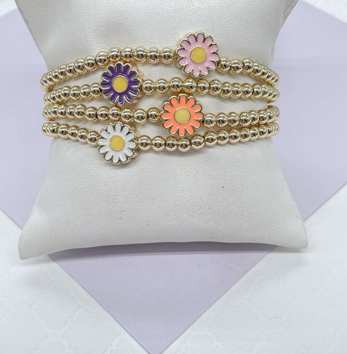 18k Gold Filled Elastic Colorful Flower Beaded Bracelet, Available in 4 Colors