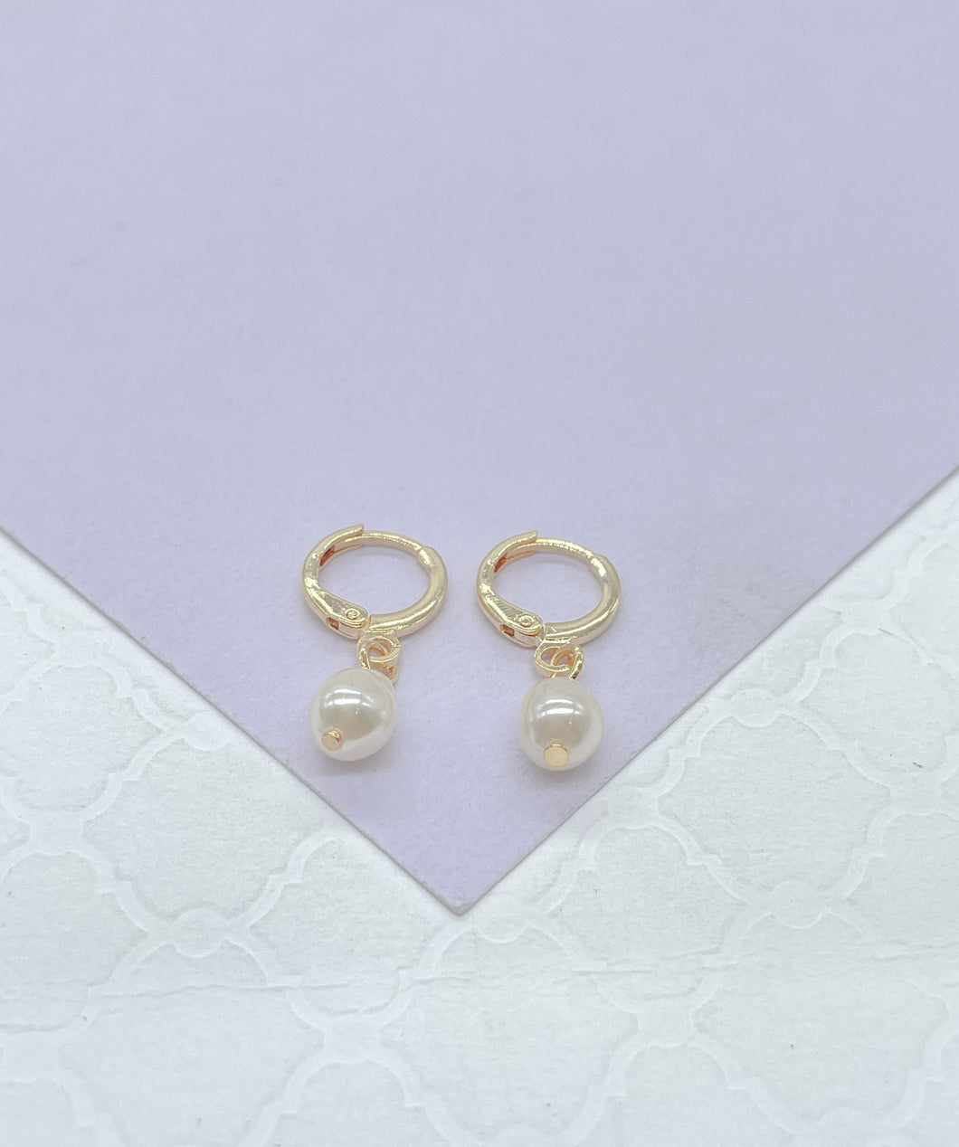 18k Gold Filled Dainty Dangling Hoop With Small Pearl Charm