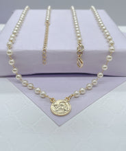 Load image into Gallery viewer, 18k Gold Filled Dainty Pearl Choker with Angle Medallion Center Piece Choker
