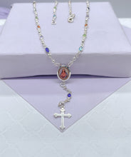 Load image into Gallery viewer, Silver Filled Small oval Colorful Rosary Necklace, Multicolor Fashion Jesus Medal
