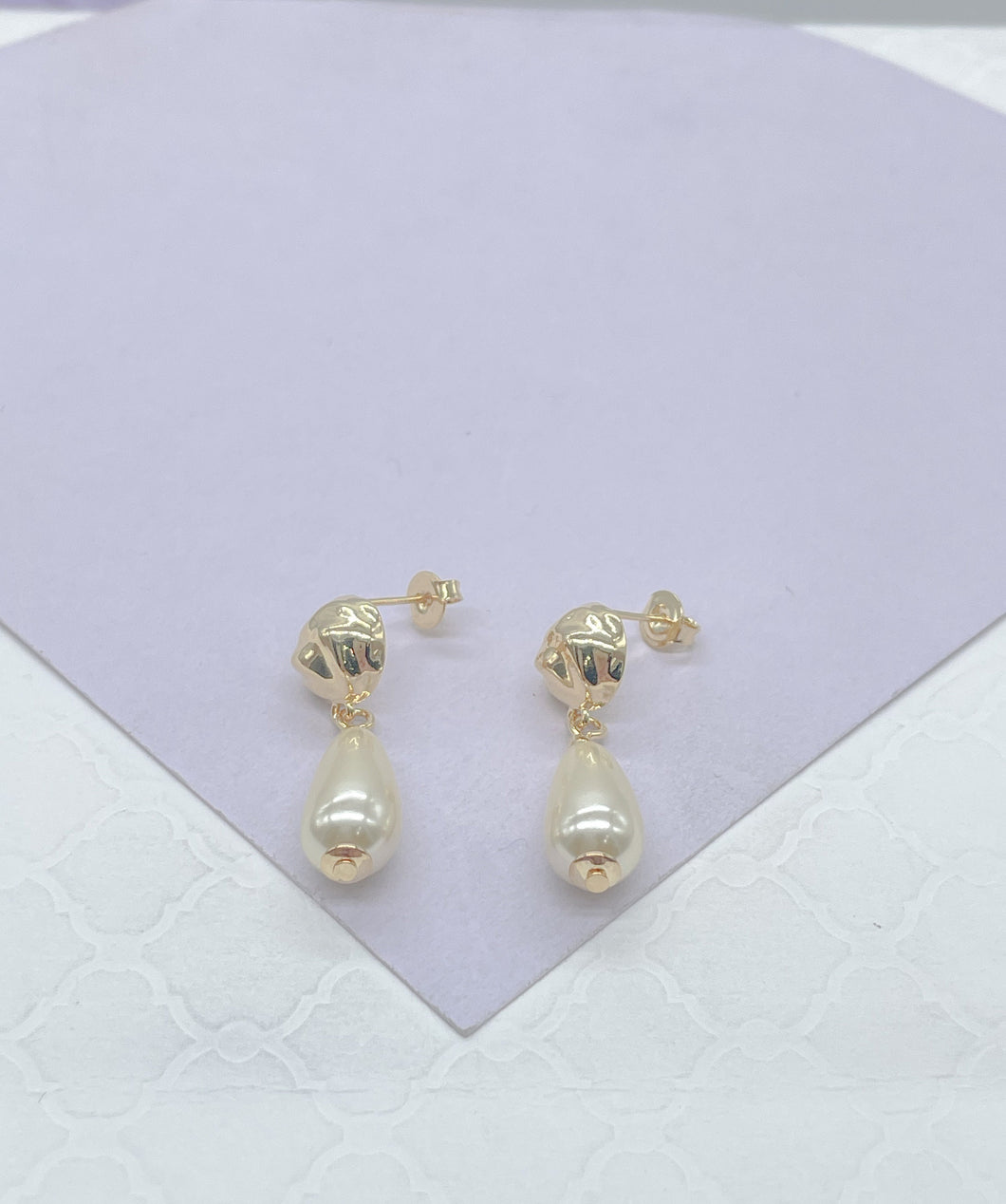 18k Gold Filled Smooth Tear Drop Shapped Pearl Dangle Hoop Earrings