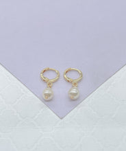 Load image into Gallery viewer, 18k Gold Filled Dainty Dangling Hoop With Small Pearl Charm
